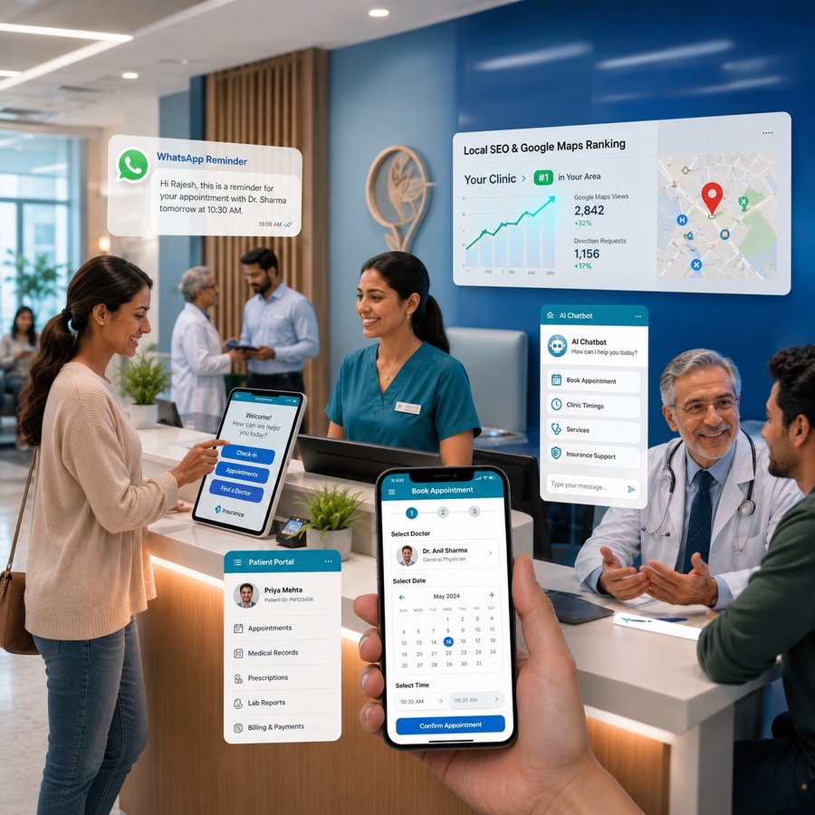Healthcare clinic reception — representing patient booking and digital presence